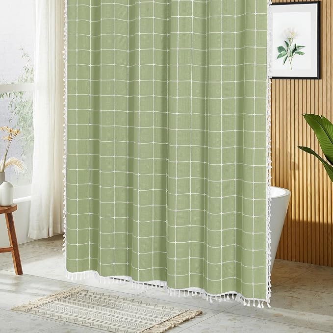 Sage Green Boho Farmhouse Shower Curtain for Bathroom 72x72 | 320 GSM French Country Plaid Tassel Shower Curtain, Rustic Aesthetic Bathroom Decor Windows Curtain