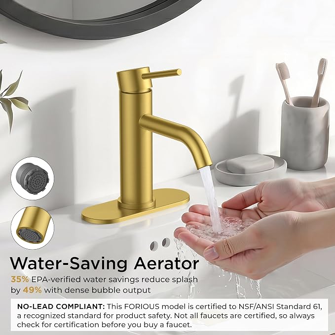 FORIOUS Bathroom Faucet 1 Hole, Single Handle Sink Faucets Brushed Gold | for 1 or 3 Hole 4 Inch Centerset Sink, with Pop-up Drain, NSF61 Certified, for Vanity Rv Commercial Lavatory Restroom Basin