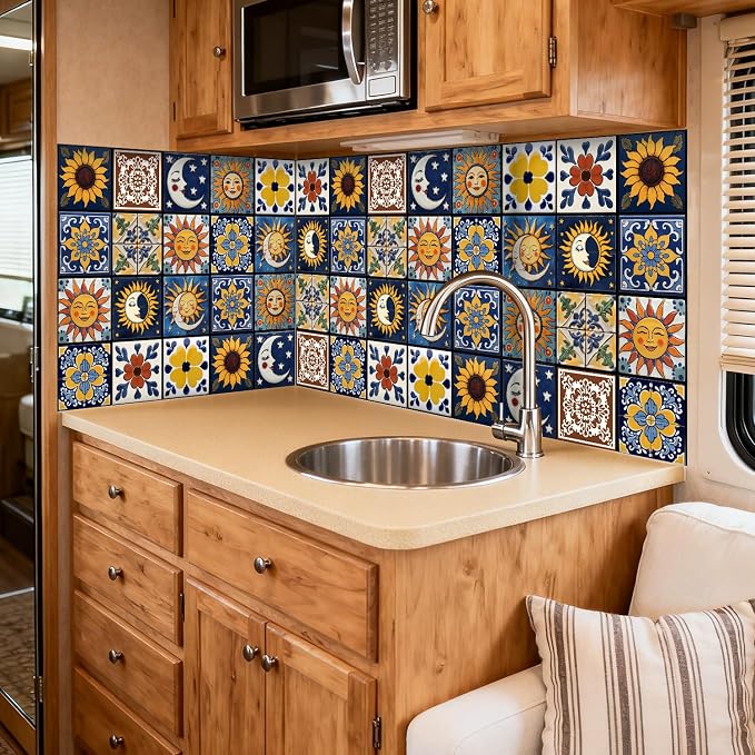 Adhesive Moroccan wall Tile Stickers 6x6in Stick on backsplash Tiles,12Pcs | high end removable&waterproof sticker tiles for kitchen RV bathroom laundry backsplash decor,Ultra-HD sun moon pattern