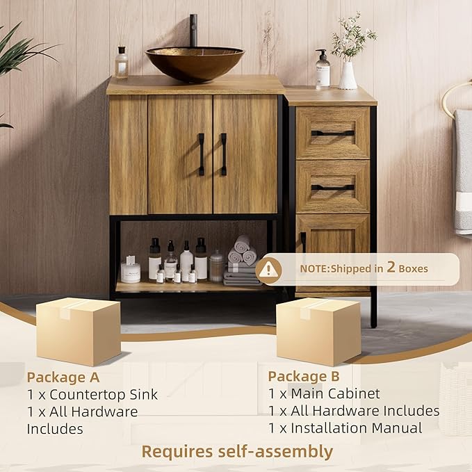 VNN Bathroom Vanity with Sink - 36 Inch Bathroom Vanity with Sink, Open Shelves and 3 Storage Drawers Side Cabinet, Modern Iron Wood Cabinet with Countertop Tempered Glass Vessel, Oak