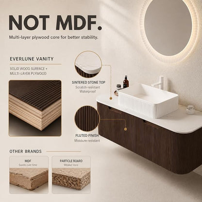 48 Inch Bathroom Vanity with Sink, Floating Wall Mounted Single Sink Vanity, Dark Walnut Curved Fluted Front, Stone Top, White Textured Rectangular Vessel Basin, Pre-Assembled
