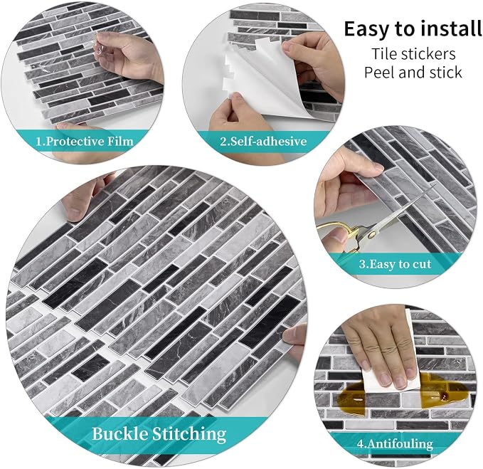 Alwayspon 10 Sheets 12" x12inch Grey Marble Effect Vinyl Tiles, Backsplash, Self-Adhesive Peel and Stick Wall Tile Stickers, Stick on Subway Tiles for Kitchen Bathroom Wall Decor