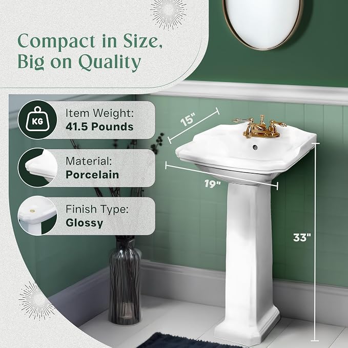 Renovators Supply Manufacturing Cloakroom Space Saving 19" W x 34" H x 15" Proj. Small Bathroom Pedestal Sink, Vitreous China, with Overflow, Compatible with 4 in. Centerset Faucets