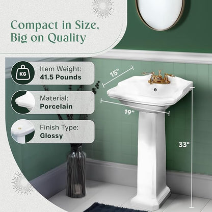 Renovators Supply Manufacturing Cloakroom Space Saving 19" W x 34" H x 15" Proj. Small Bathroom Pedestal Sink, Vitreous China, with Overflow, Compatible with 4 in. Centerset Faucets