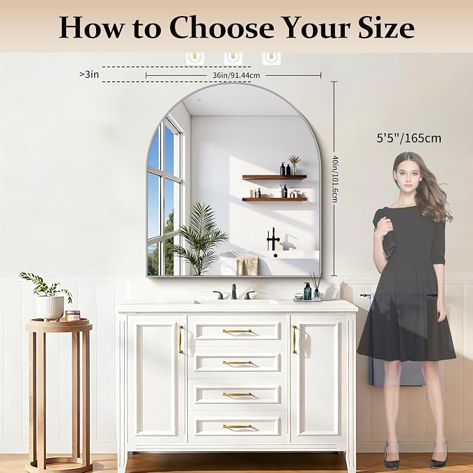 COFENY Arched Mirror, 36’’x40’’ Silver Arch Mirrors for Bathroom Sink, Wide Bathroom Vanity Mirror with Metal Frame, Modern Wall Mounted Mirror for Bedroom Living Room Mantle Entryway