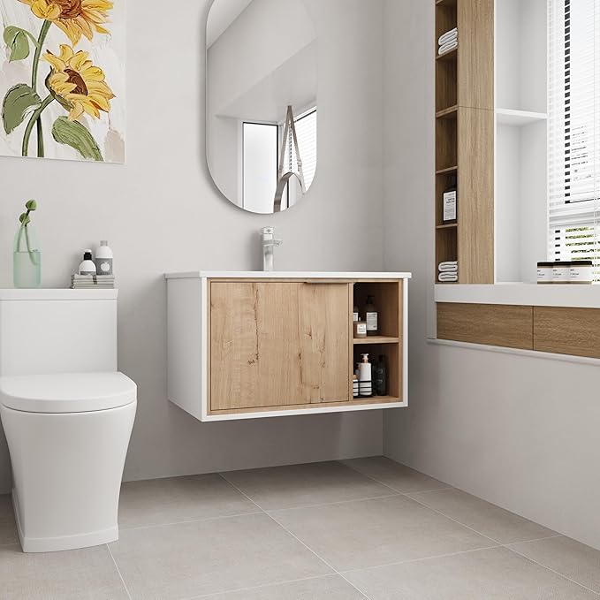 30 Inch Bathroom Vanity with Sink, 30" Single Sink Wall Mounted Bathroom Vanities with Open Storage Space and Ceramic Basin Top, Modern Bath Storage Cabinet Set for Small Space, Imitative Oak