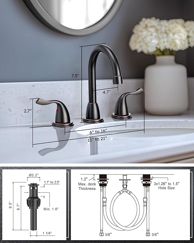 ARCORA Bathroom Sink Faucet 3 Hole, Oil Rubbed Bronze Bathroom Faucet, 8 Inch Widespread Bathroom Faucet with Pop Up Drain and cUPC Supply Lines