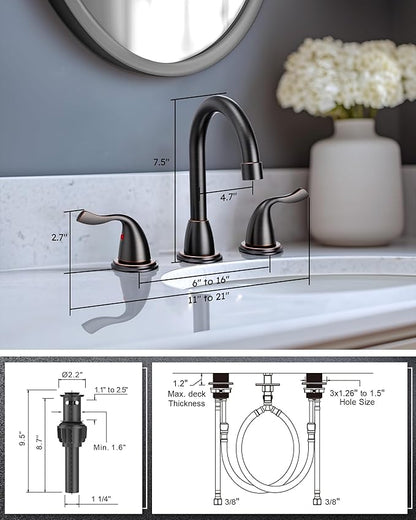 ARCORA Bathroom Sink Faucet 3 Hole, Oil Rubbed Bronze Bathroom Faucet, 8 Inch Widespread Bathroom Faucet with Pop Up Drain and cUPC Supply Lines