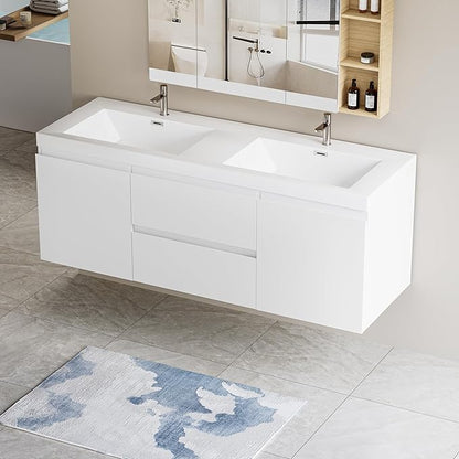Wall Mounted 60 Inch Bathroom Vanity with Sink, Floating Vanity Bathroom, Double Sink Bathroom Vanity, 2 Drawers, 2 Soft Closing Doors, Resin Integrated Sink (Glossy White)