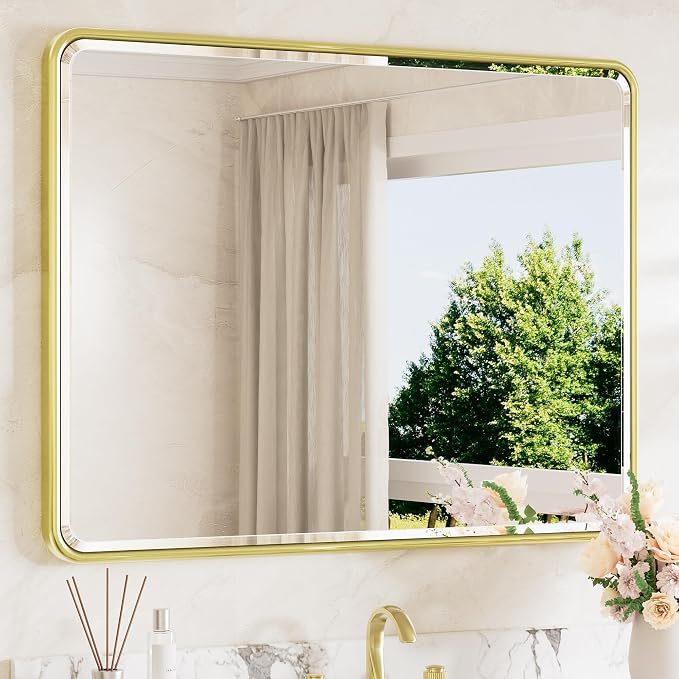 Brushed Gold Vanity Mirror for Bathroom 40 x 30 Beveled Edge Tempered Glass, Rounded Corner Rectangle Wall Mirror for Modern Bathroom, Living Room, Bedroom, Entryway