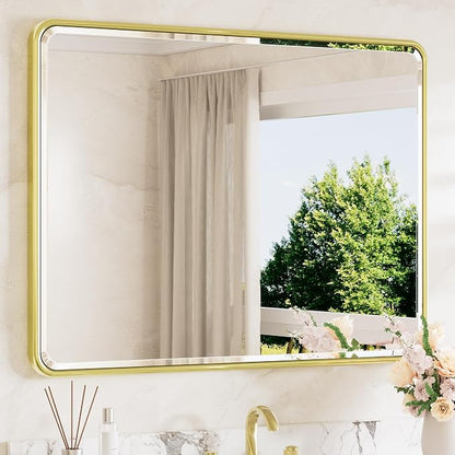 Brushed Gold Vanity Mirror for Bathroom 40 x 30 Beveled Edge Tempered Glass, Rounded Corner Rectangle Wall Mirror for Modern Bathroom, Living Room, Bedroom, Entryway