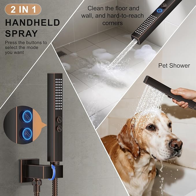 Rain Shower System 12" & 6" Dual Shower Heads, Wall Mount Shower Faucet Set | Ideal for bathroom remodels and upgrades with 12" rain shower, 6" angled shower, handheld spray and complete valve kit.