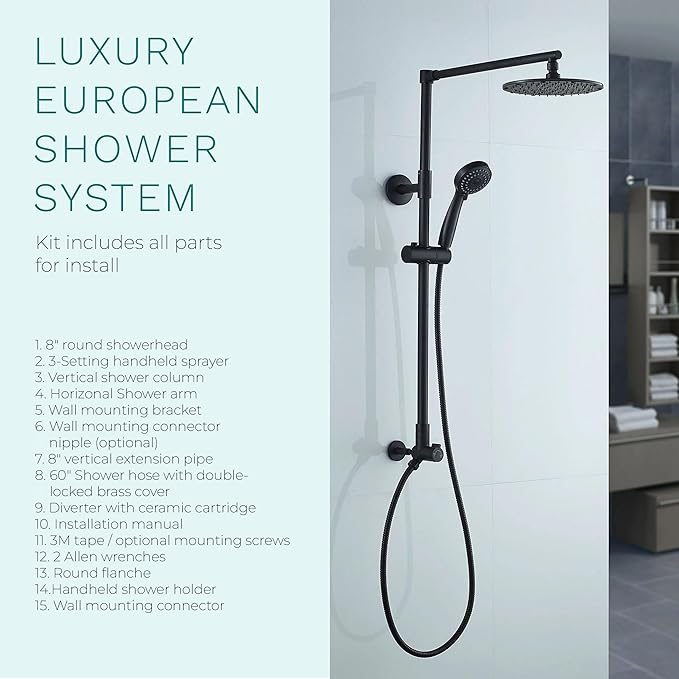 Fennocasa Polaris 3 Rain Shower System, 8” Rainfall Shower Head and Handheld Shower Combo, includes 3-Setting Handheld Spray, Height Adjustable Shower Wand Holder, 60” Hose (1.8 GPM Matte Black)