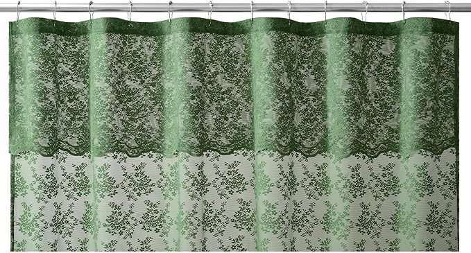TUDECO Green Stall Shower Curtain with Attached Valance, 36'' x 72'' | Emerald Green, Narrow Compact Bathroom, Semi-Sheer, Elegant Floral, Scalloped Edges,Reinforced Holes, Machine Washable