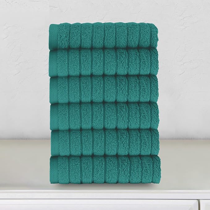 Elegant Comfort 100% Turkish Cotton Corduroy Ribbed Luxury Washcloths 6 Pack Soft 13 x 13 Inch - Higly Absorbent, Durable, Quick Dry, Spa Premium Hotel Quality for Bathroom or Travel, Turquoise
