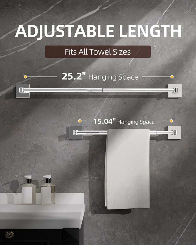 RUACQ Adjustable Towel Bar, Adhesive or Drill Wall Mount Towel Rack, Chrome | Adjust 15.8 to 26 Inch Towel Racks for Bathroom, 304 Stainless Steel Bath Towel Holder, Rustproof, Square Base, Heavy Duty