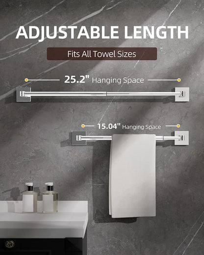 RUACQ Adjustable Towel Bar, Adhesive or Drill Wall Mount Towel Rack, Chrome | Adjust 15.8 to 26 Inch Towel Racks for Bathroom, 304 Stainless Steel Bath Towel Holder, Rustproof, Square Base, Heavy Duty