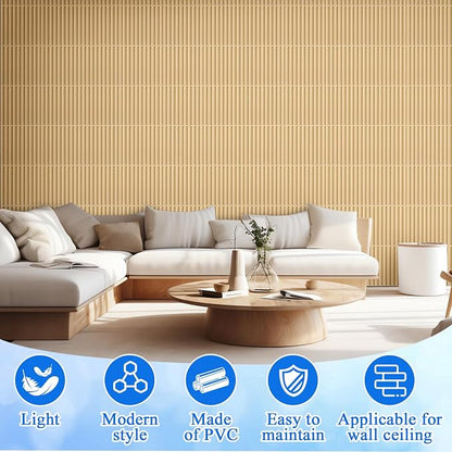 Nuanchu 32 Pcs 3D Wall Panels, 12"x12" PVC Fluted Tiles, Natural Oak | Waterproof Accent Panels, Paintable Wall Tiles, for TV Background, Bedroom, Bathroom, Gaming Room, Cuttable Home DIY Decor
