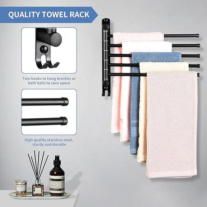 Swivel Towel Rack, 12.6 Inch Towel Bar with Wall Mounted 180° Rotation, 5 Arms Towel Hanger SUS 304 Stainless Steel, Space Saving for Kitchen, Bathroom, Outdoor, Matte Black