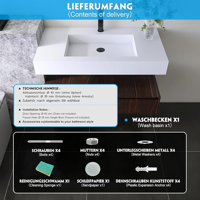 35'' Wall Mount Sink, Artificial Stone Bathroom Sink, Single Hole | Matte Bathroom Vanity Vessel Sinks, Rectanglee Indoor Modern Floating or Countertop Freestanding Wall Hang Sink Bowl