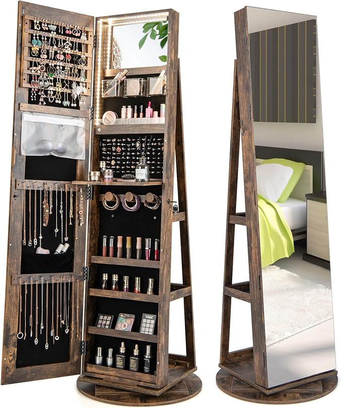 Byroce 360° Rotating Jewelry Armoire with Full Length Mirror, Lockable Jewelry Cabinet with 3-Color LED Lights, Rear Storage Shelves & Inside Makeup Mirror, Standing Jewelry Organizer (Rustic Brown)