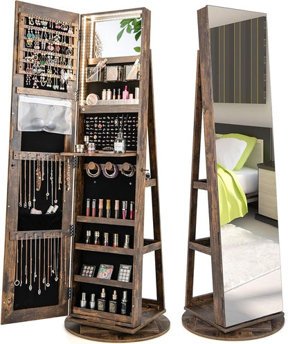 Byroce 360° Rotating Jewelry Armoire with Full Length Mirror, Lockable Jewelry Cabinet with 3-Color LED Lights, Rear Storage Shelves & Inside Makeup Mirror, Standing Jewelry Organizer (Rustic Brown)