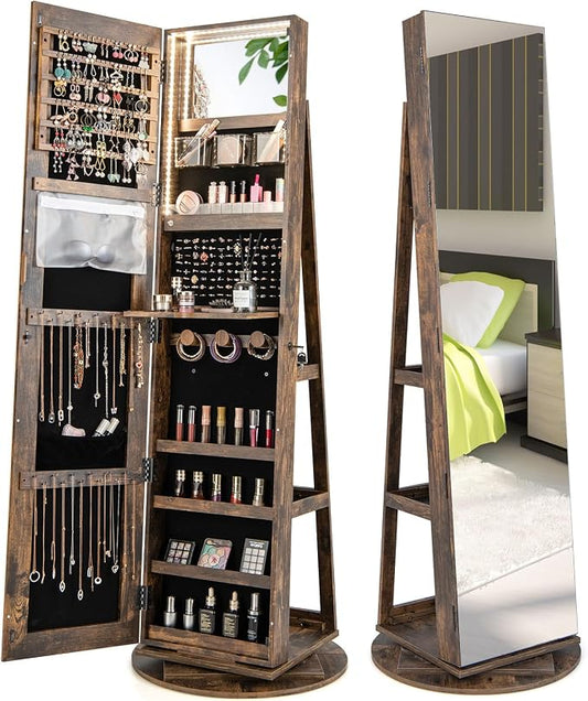 Byroce 360° Rotating Jewelry Armoire with Full Length Mirror, Lockable Jewelry Cabinet with 3-Color LED Lights, Rear Storage Shelves & Inside Makeup Mirror, Standing Jewelry Organizer (Rustic Brown)