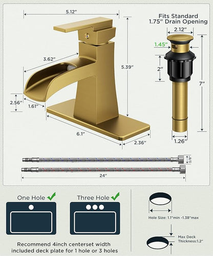 FORIOUS Brushed Gold Bathroom Faucet 1 Hole, Single Handle Waterfall Bathroom Faucets with Pop-Up Drain for Commercial, Vanity, Lavatory, Restroom, Farmhouse