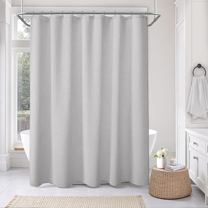 Long Waffle Weave Shower Curtain Heavyweight Cotton Fabric Light Grey 72Wx78L