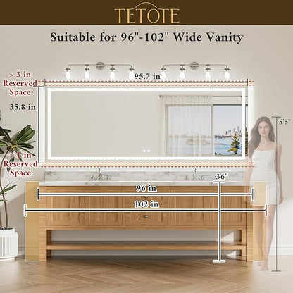 TETOTE 96 x 36 LED Lighted Bathroom Mirror with Lights Wall Mounted, Brighter Front and Backlit Led Vanity Mirror, 3-Color Dimmable Light up Anti Fog Mirror, Waterproof, Shatterproof Tempered Glass