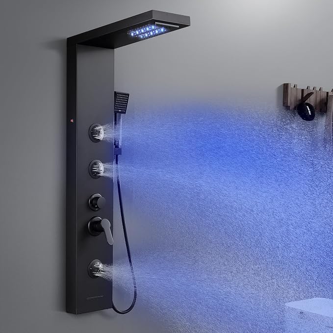 ROVATE 6 in 1 LED Rainfall Waterfall Shower Panel Tower System Matte Black | Stainless Steel Shower Column with Tub Spout, 2-Setting Massage Body Jets and Flexible Handheld, Water Flow Adjustable