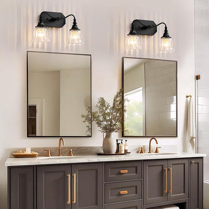 Bathroom Vanity Light Fixture, 2 Lights Bathroom Lighting Matte Antique Brass Finish with Crystal Glass Shade, Vintage Vanity Light for Bathrooms
