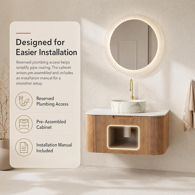 30 Inch Bathroom Vanity with Sink, Floating Wall Mounted Single Sink Vanity, Natural Woodgrain Curved Fluted Front, Stone Top, Marble-Look Round Vessel Basin, Pre-Assembled