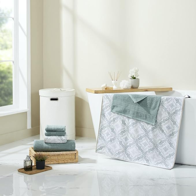 Modern Threads Capri 6-Piece Reversible Yarn Dyed Jacquard Towel Set - Bath Towels, Hand Towels, & Washcloths - Super Absorbent & Quick Dry - 100% Combed Cotton, Ivy