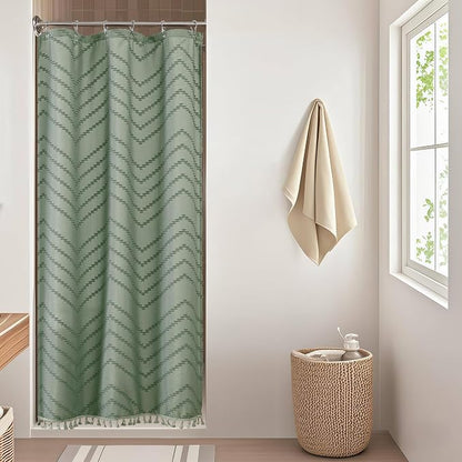 Small Boho Stall Shower Curtain, Sage Green Fabric Cloth Stall Shower Curtain 36 x 72 Half Size with Tassel Tufted Chevron Striped Textured Modern Farmhouse for Bathroom, Machine Washable