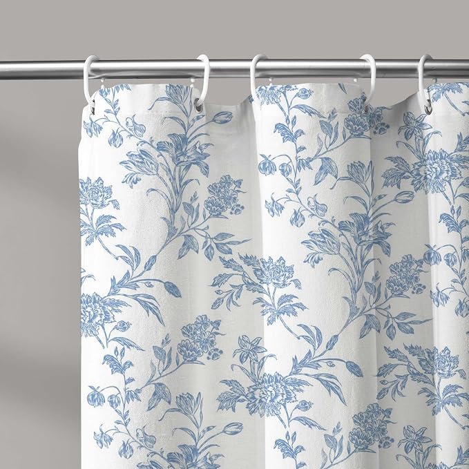 WOUVMA Extra Long Shower Curtain Blue Floral Cotton Cottagecore Shower Curtain for Bathroom 72" W x 84" L