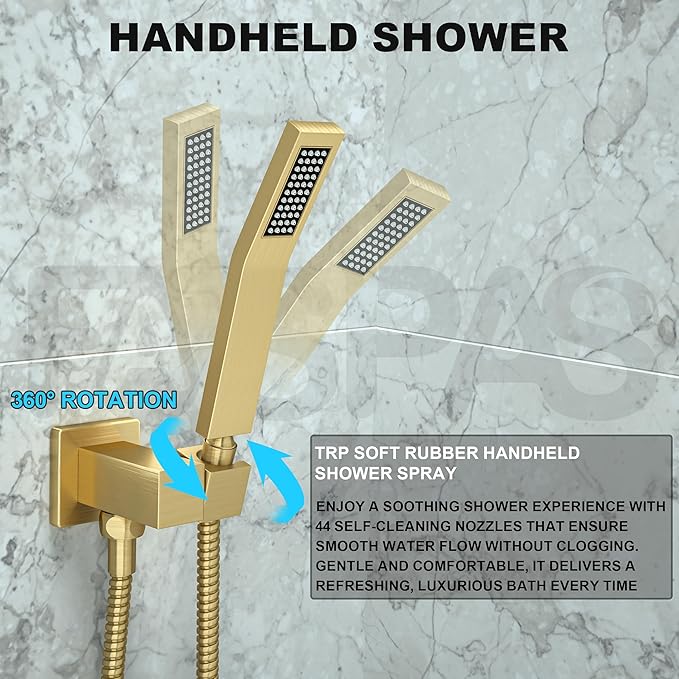 Shower System with Tub Spout, 10-Inch High-Pressure Rain Showerhead and Handheld Combo, Brushed Gold Shower Faucet Set with Rough-in Valve and Trim, Wall Mounted 3-Way Shower Set
