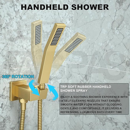 Shower System with Tub Spout, 10-Inch High-Pressure Rain Showerhead and Handheld Combo, Brushed Gold Shower Faucet Set with Rough-in Valve and Trim, Wall Mounted 3-Way Shower Set