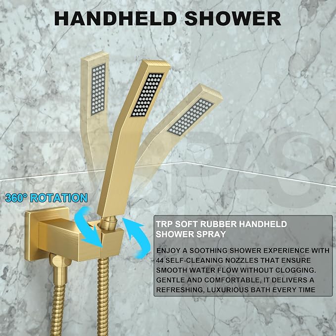 Brushed Gold Shower System with 12-Inch Rain Showerhead and Handheld | Innovative air-injection technology for low pressure, high-flow rate up to 3.22 GPM ensuring powerful consistent stream