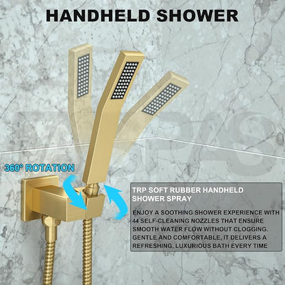 Brushed Gold Shower System with 12-Inch Rain Showerhead and Handheld | Innovative air-injection technology for low pressure, high-flow rate up to 3.22 GPM ensuring powerful consistent stream