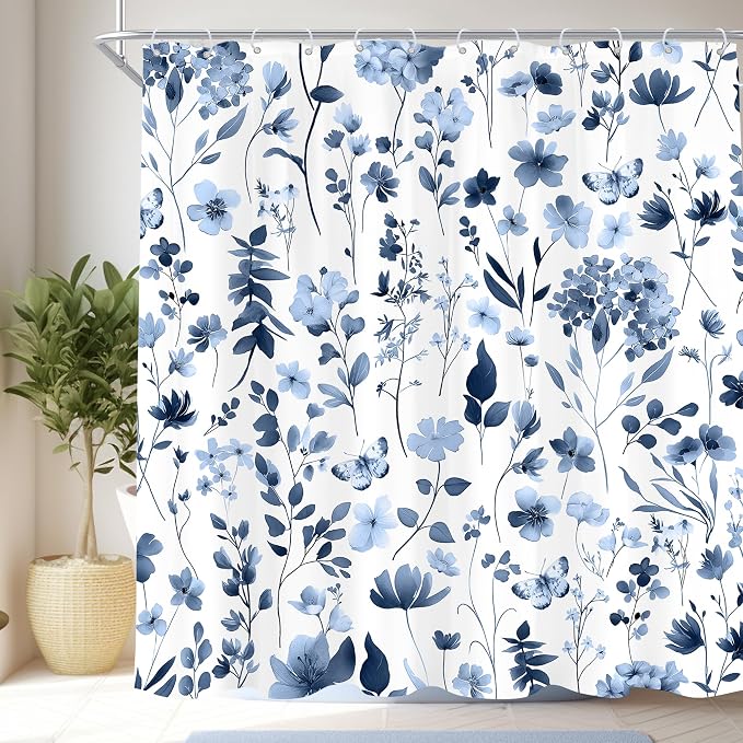 Cute Floral Navy Blue Flower Wildflower Rustic Bathroom Shower Curtain Set | 72"W x 72"H Plants Leaves; waterproof HD print, quick-dry fabric and plastic hooks for easy setup.