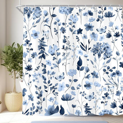 Cute Floral Navy Blue Flower Wildflower Rustic Bathroom Shower Curtain Set | 72"W x 72"H Plants Leaves; waterproof HD print, quick-dry fabric and plastic hooks for easy setup.