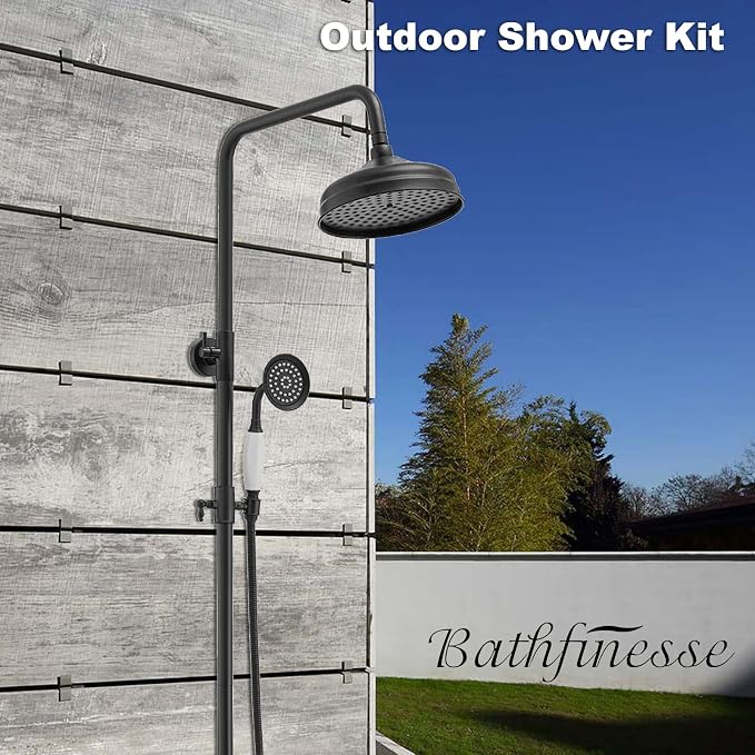 Outdoor Shower Features, Exposed Shower System Wall Mounted | 8 Inch Rain Shower Head Sprayers,Handheld Shower Head & Tub Spout,Solid Brass,Dual Handle,High Pressure,Matte Black