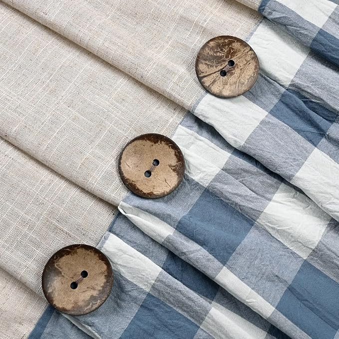 DOSLY IDÉES Linen Button Farmhouse Shower Curtain, Linen and Cotton Fabric, Pleated Blue and White Buffalo Plaid Checked Pattern, Country Style, 72x72 in