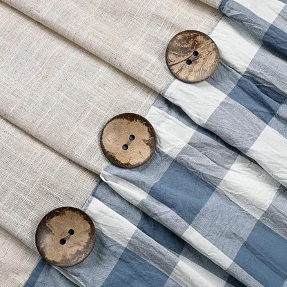 DOSLY IDÉES Linen Button Farmhouse Shower Curtain, Linen and Cotton Fabric, Pleated Blue and White Buffalo Plaid Checked Pattern, Country Style, 72x72 in