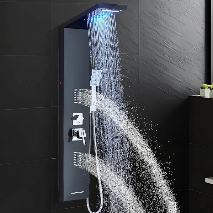 Shower Tower Panel System with LED Rainfall Shower Head, Stainless Steels Shower Tower System 2-in-1 Body Jets,Handheld Showerhead,Bathtub Filler Black-8127