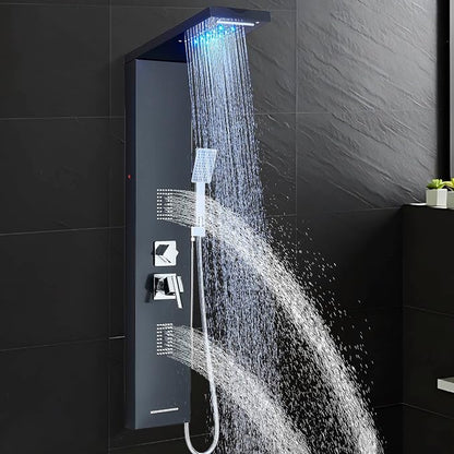 Shower Tower Panel System with LED Rainfall Shower Head, Stainless Steels Shower Tower System 2-in-1 Body Jets,Handheld Showerhead,Bathtub Filler Black-8127