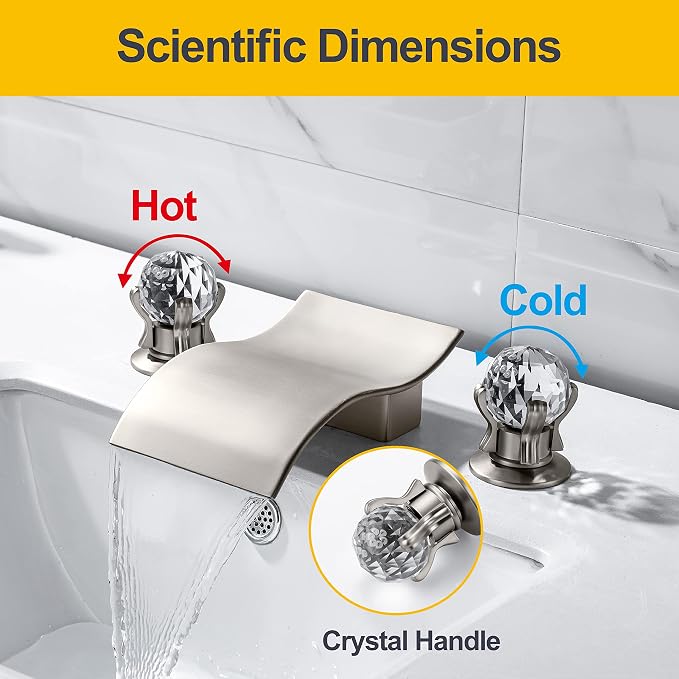 Widespread Bathroom Sink Faucet with Crystal Knob 3 Hole Waterfall Vanity Faucet 8 Inch Crystal Bathroom Faucets Deck Mount Basin Mixer Tap with Hose, Brushed Nickel
