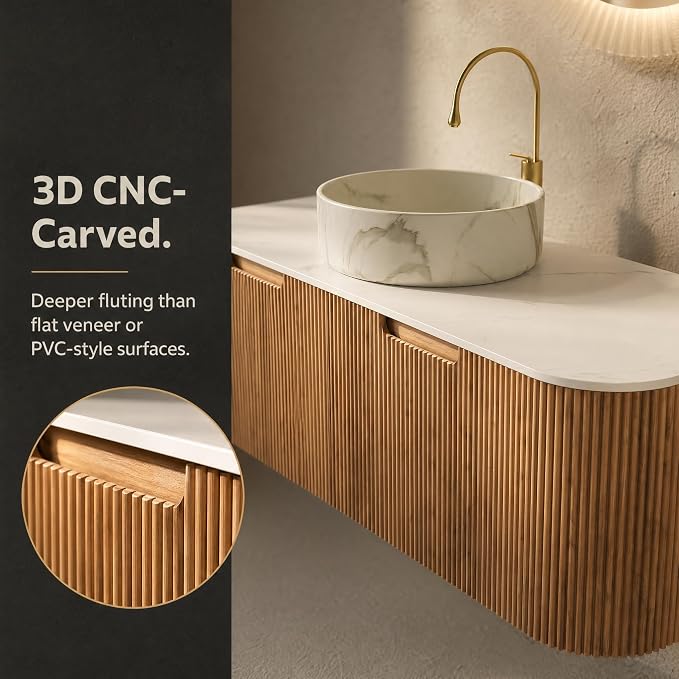48 Inch Bathroom Vanity with Sink, Floating Wall Mounted Single Sink Vanity, Natural Woodgrain Curved Fluted Front, Stone Top, Marble-Look Round Vessel Basin, Pre-Assembled