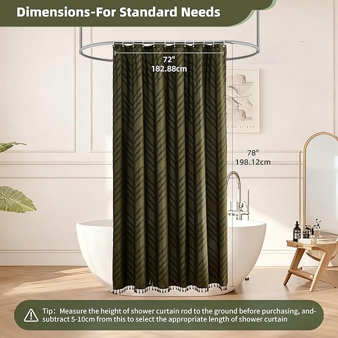 Boho Extra Long Olive Green Shower Curtain with Tassel, Woven Fabric, Tufted Chevron Striped, 72 x 78, Modern Chic Textured Minimalist